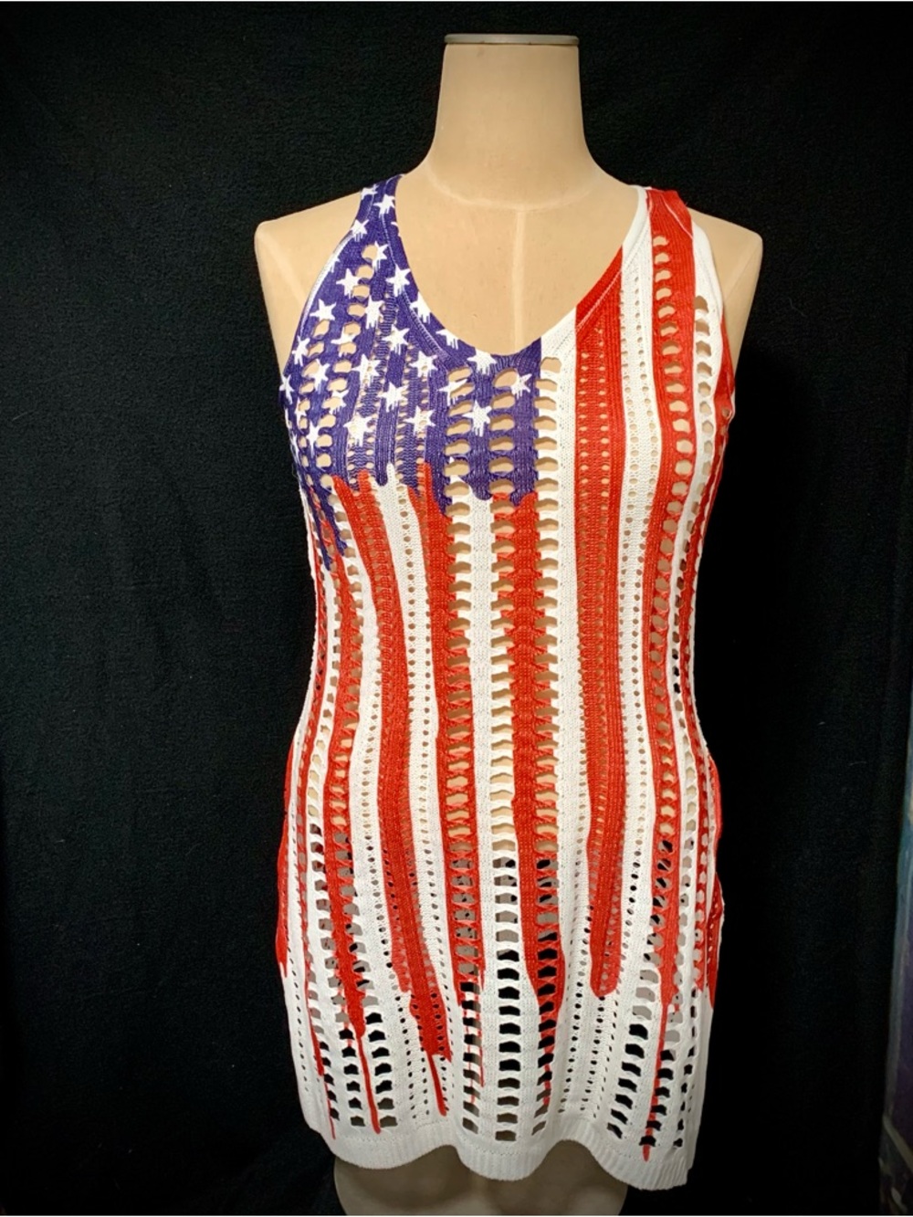 USA Flag Crochet Coverup Dress XL Red White Blue Sleeveless